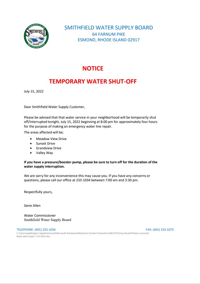 USA Rhode Island Smithfield water supply board water shut off notice, Word and PDF template